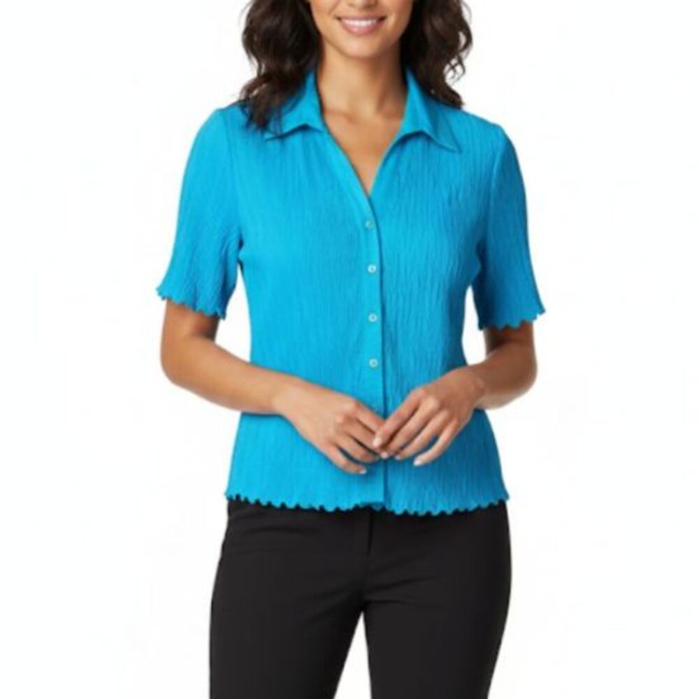 Vintage 90s Rene Margo Turquoise Blue Crinkle Pleated SS Button Down Top Size S